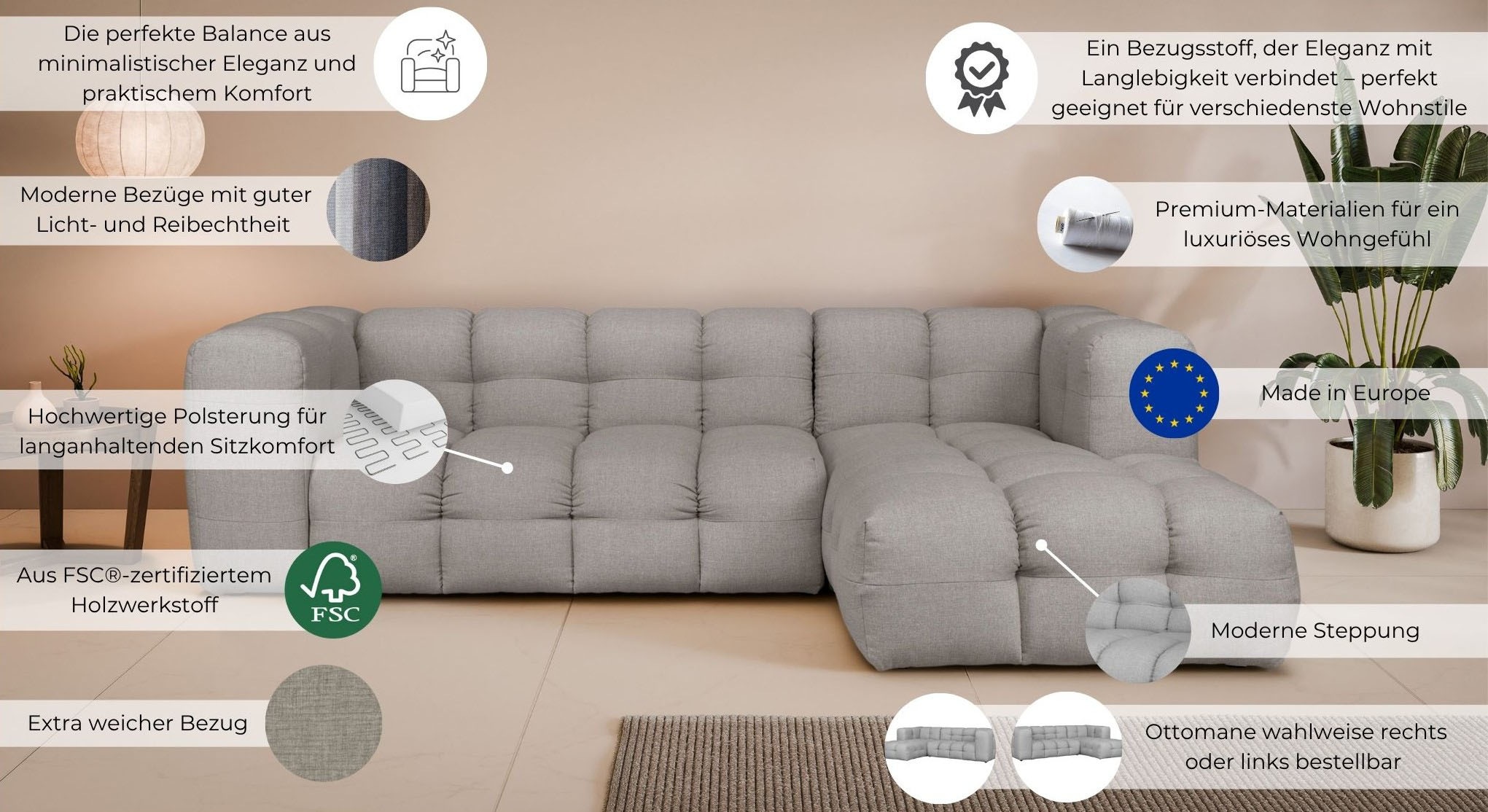 LeGer Home by Lena Gercke Ecksofa »TALISHA L-Form Designersofa, moderne Steppung, B/T/H: 276/178/75 cm« aufwendig gepolstert, hoher Sitzkomfort