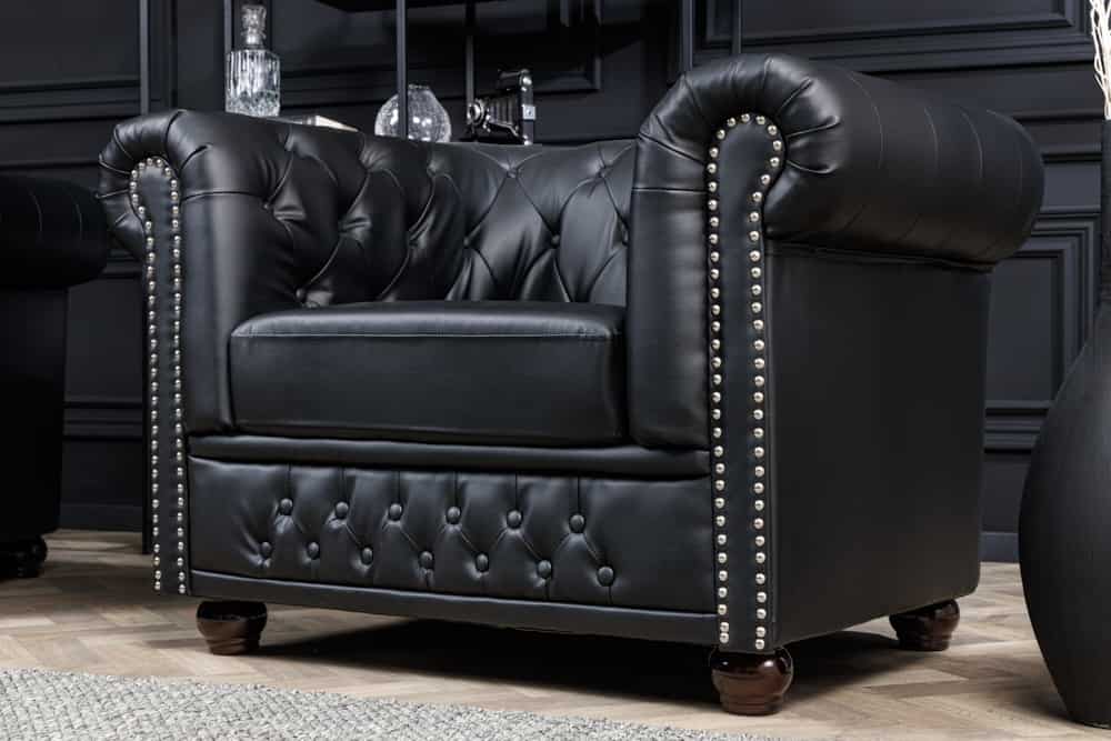 Design Sessel CHESTERFIELD 110cm matt schwarz Knopfheftung Federkern