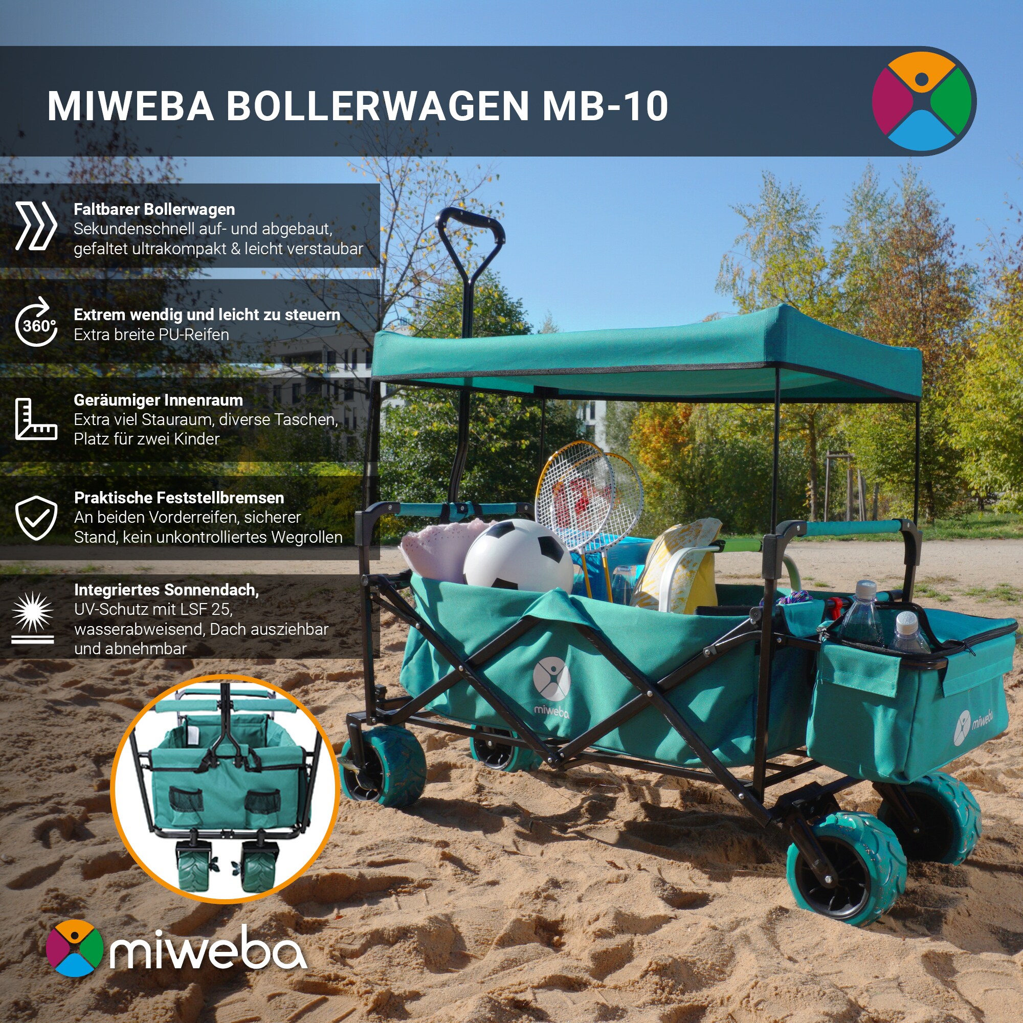 Miweba Bollerwagen MB-10, faltbar, Bremse, abnehmbares Dach, PU-Breitreifen, Transporttasche, 100 kg (Grau)