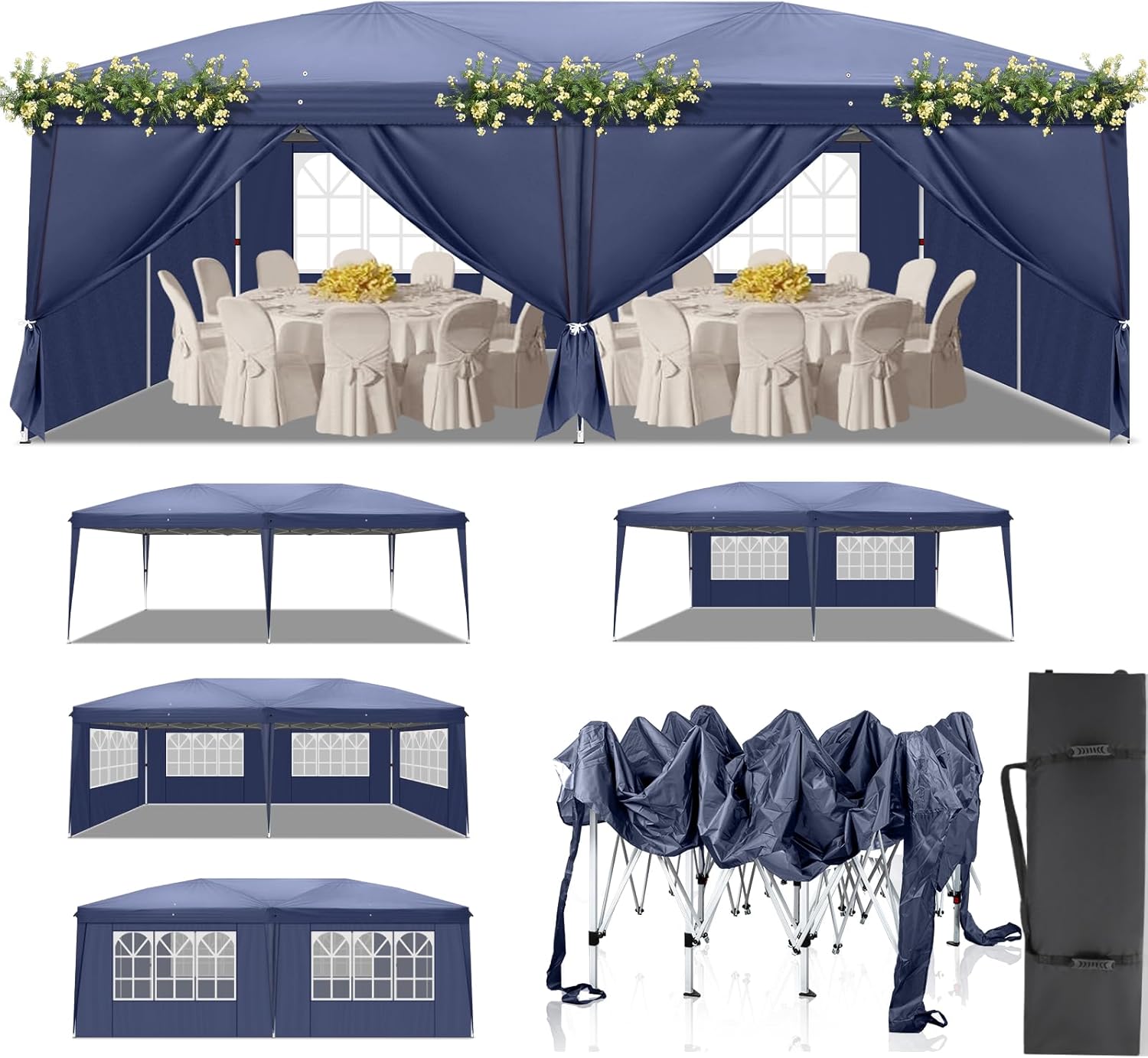 LEADZM Pavillon 3x6m Pop-up Wasserdicht Faltpavillon,Winterfest,Höhenverstellbar,UV Schutz 50+,Gartenzelt,Partyzelt,Stahlrahmen,mit 6 Seitenteilen,für Garten,Party,Camping,Blau