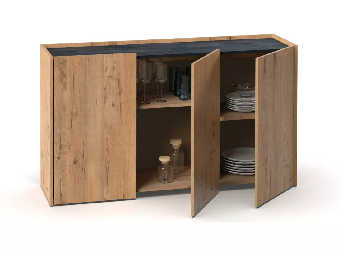 Buffet coloris chêne doré / imitation marbre - Hauteur 80 x Longueur 140 x Profondeur 40 cm
