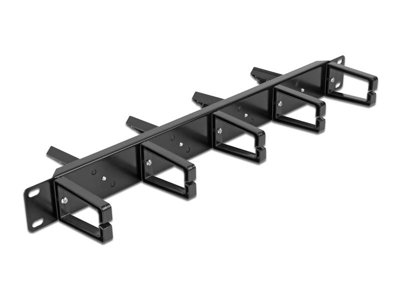 Delock Kabelführungspanel 1HE , Schwarz Delock 19″ Kabelmanagement Rangierpanel beidseitig mit 9 Bügeln (5 x vertikal, 4 x 45° geneigt) 1 HE Schwarz