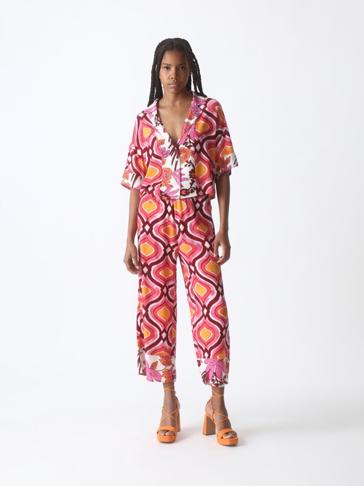 Blusa cropped de algodão com mangas curtas - Tons de rosa