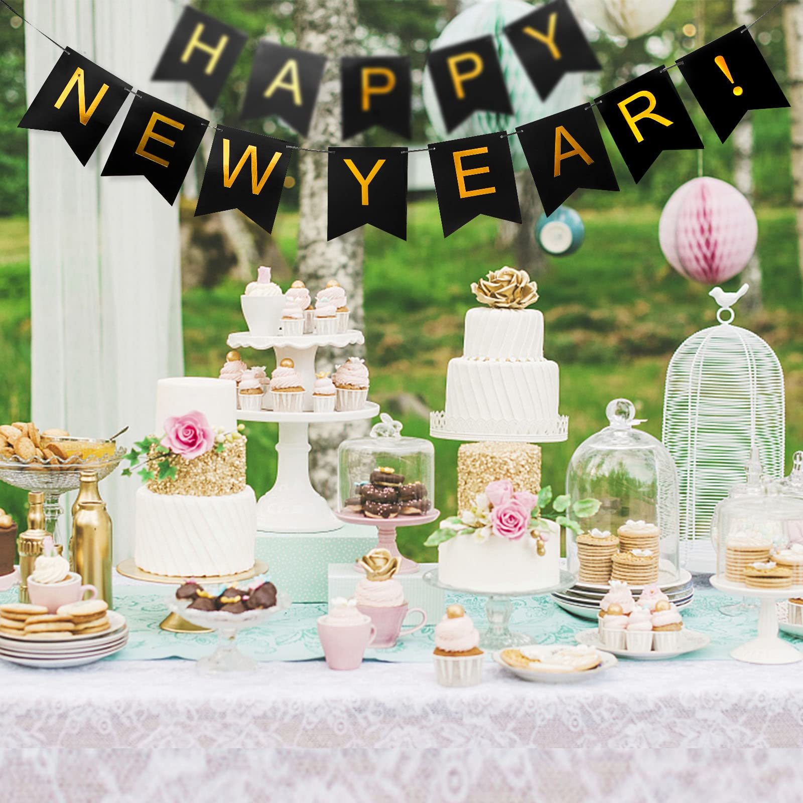 (5m) Happy New Year Girlande Silvester Party Deko Accessoire Banner - Schwarz / Gold