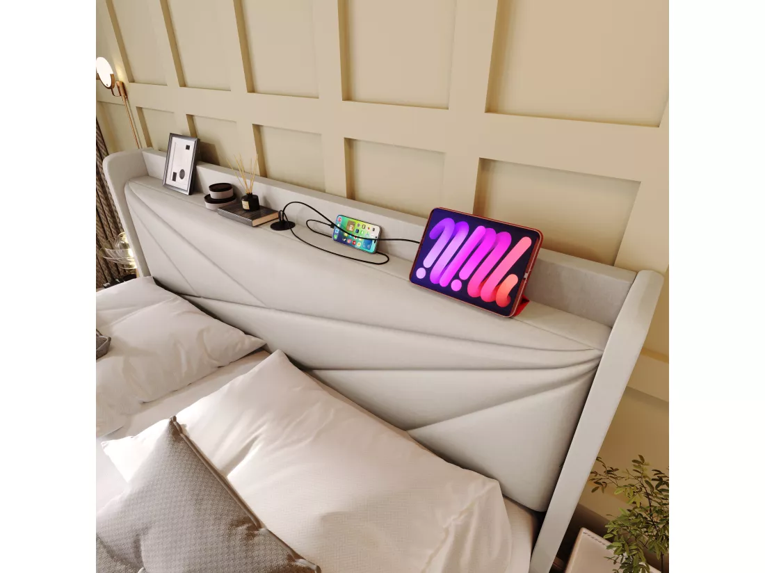 Lit coffre 160 x 200 cm - USB + type C - tissu en lin - beige