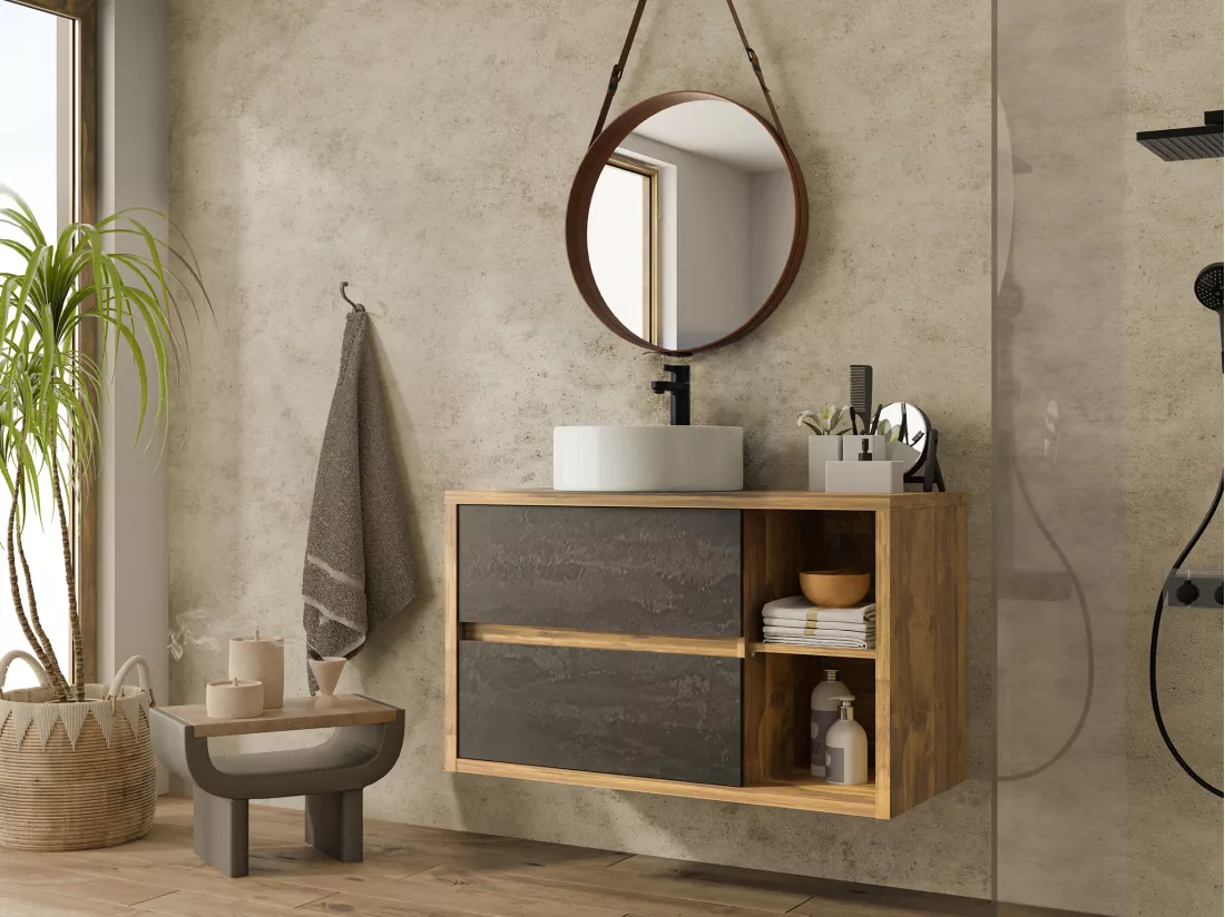 Meuble de salle de bain suspendu avec vasque ronde - Coloris naturel et anthracite - 100 cm - TIKITIKI