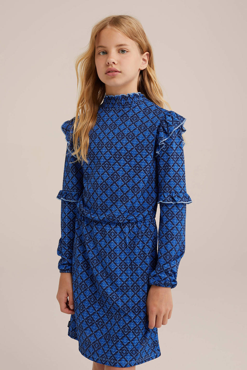 WE Fashion jurk met all over print en ruches blauw