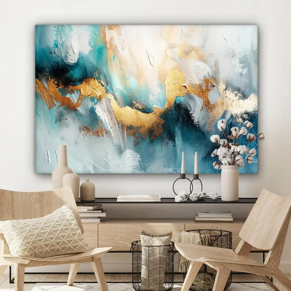 MuchoWow Canvas Schilderij 120x80cm Abstract Kunst Gold Blauw