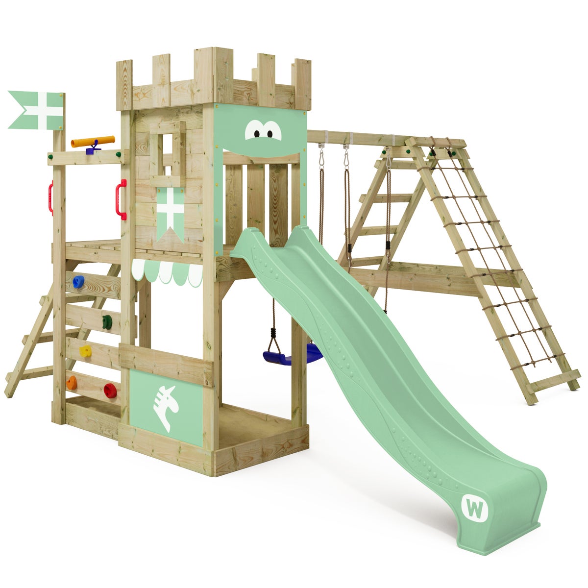 WICKEY DragonFlyer Castle Speeltoren met Schommel en Glijbaan, Speelhuis met Zandbak, Klimladder en Speelaccessoires – Pastelgroen