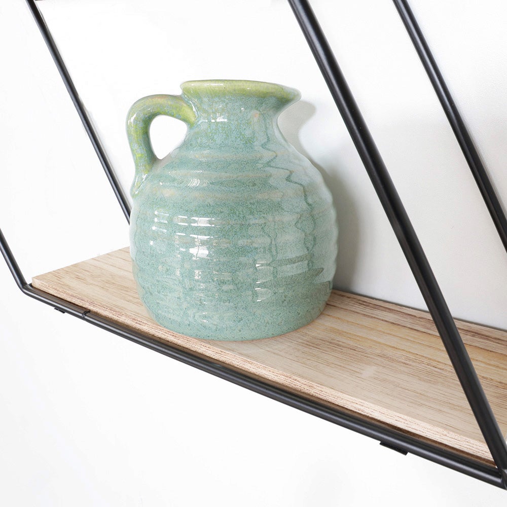 Wandplank van zwart metaal, 3 houten planken – hexagon diagonaal