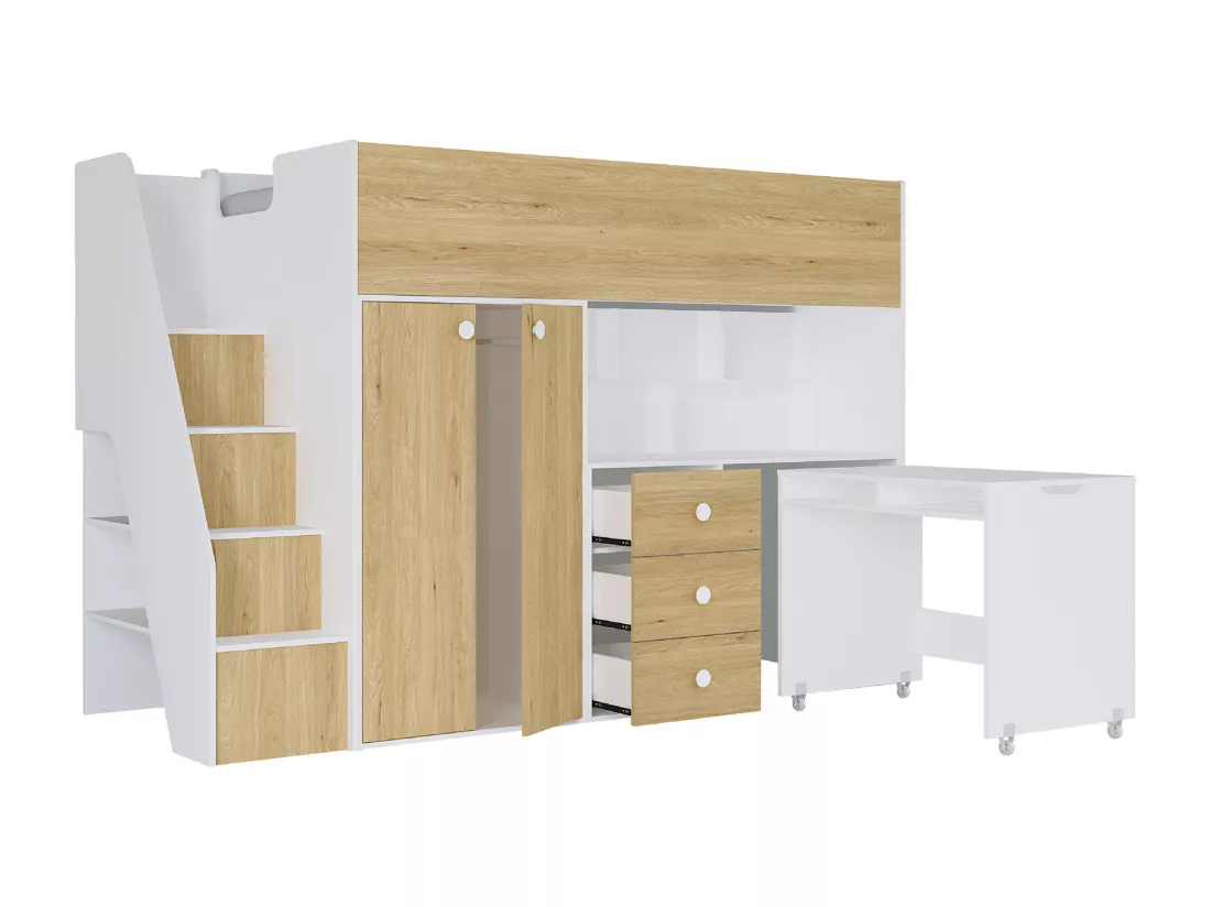 Lit mezzanine 90 x 190 cm avec armoire et bureau - Blanc et naturel - LANILATO
