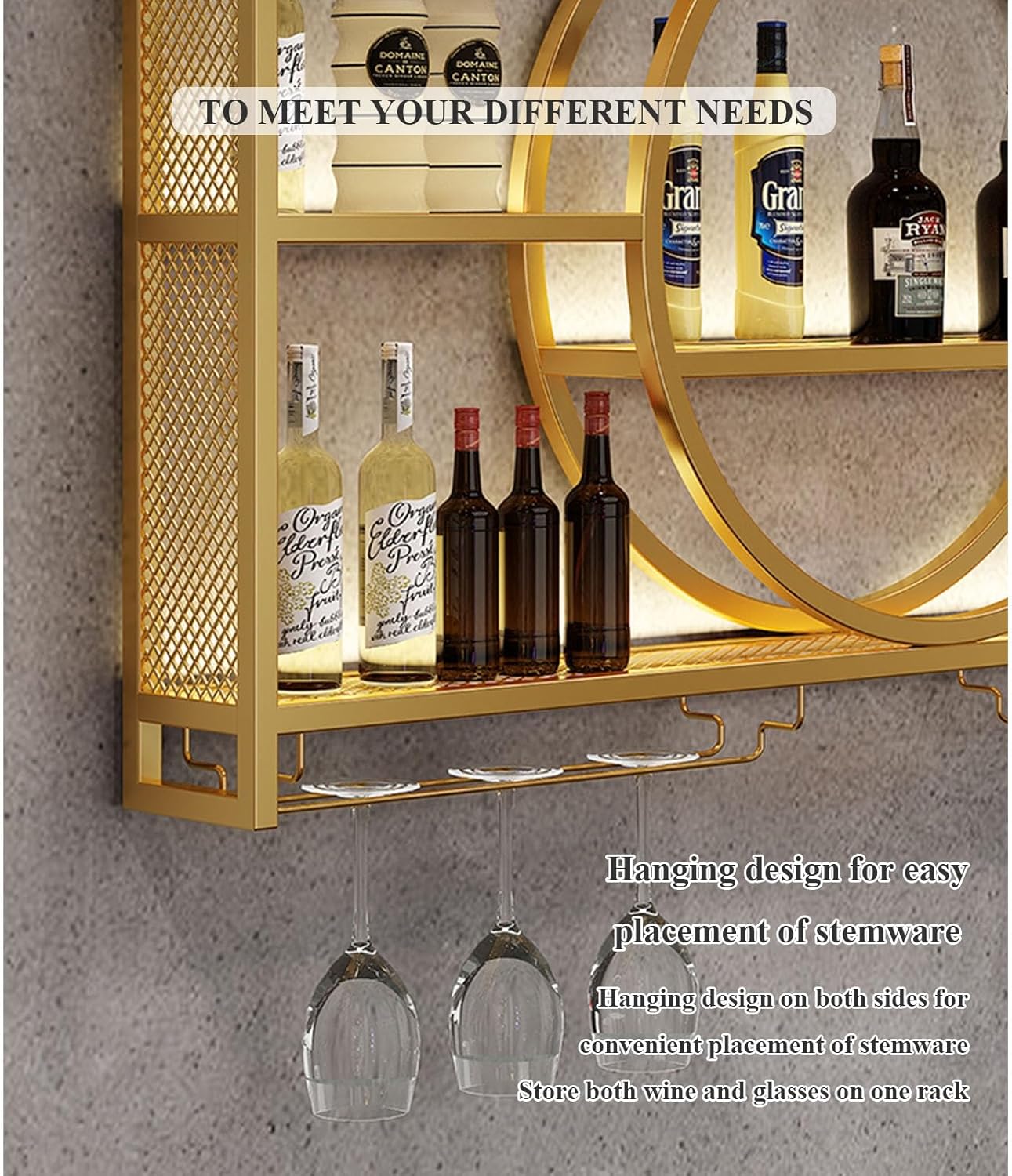 Modernes Wand-Weinregal Mit LED-Beleuchtung, Metall- Und Glas-Design Für Bar-Einheiten, Restaurants Und Zuhause, Vereint Elegante Präsentation Mit Hochwertiger Aufbewahrung(Black,39.3in/100cm)