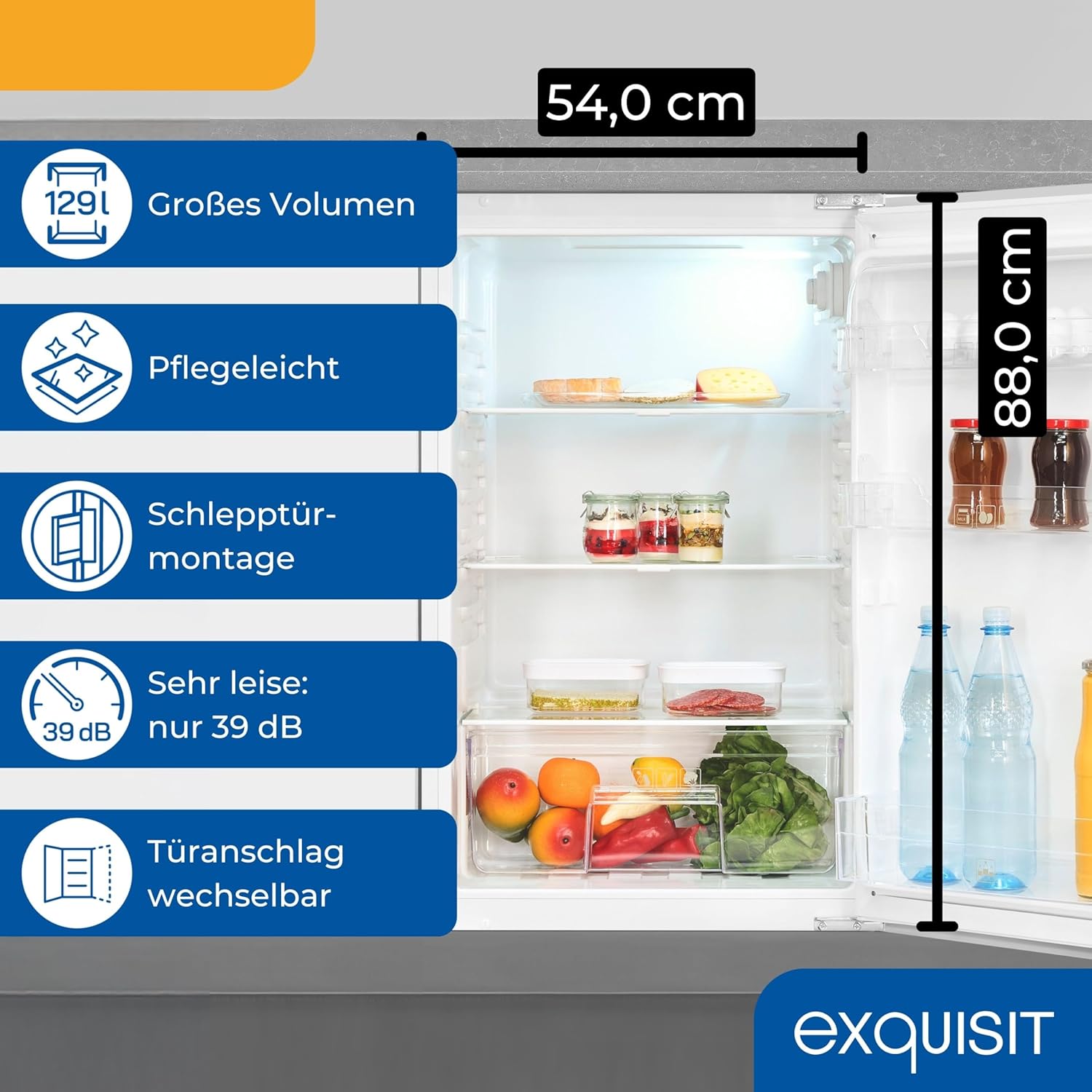 Exquisit Einbau Vollraumkühlschrank | 129 l Nutzinhalt, Energieklasse E, 39 dB(A) | Schlepptürtechnik, LED-Beleuchtung, Glasablagen, Gemüsefach, manuelle Temperaturregelung | EKS5131-V-040E