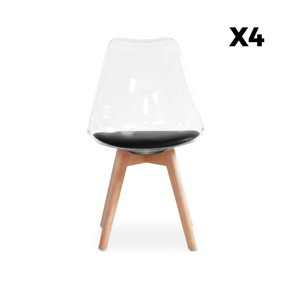 Lot de 4 chaises scandinaves - lagertha - pieds bois. Fauteuils 1 place. Coussin noir. Coque transparente