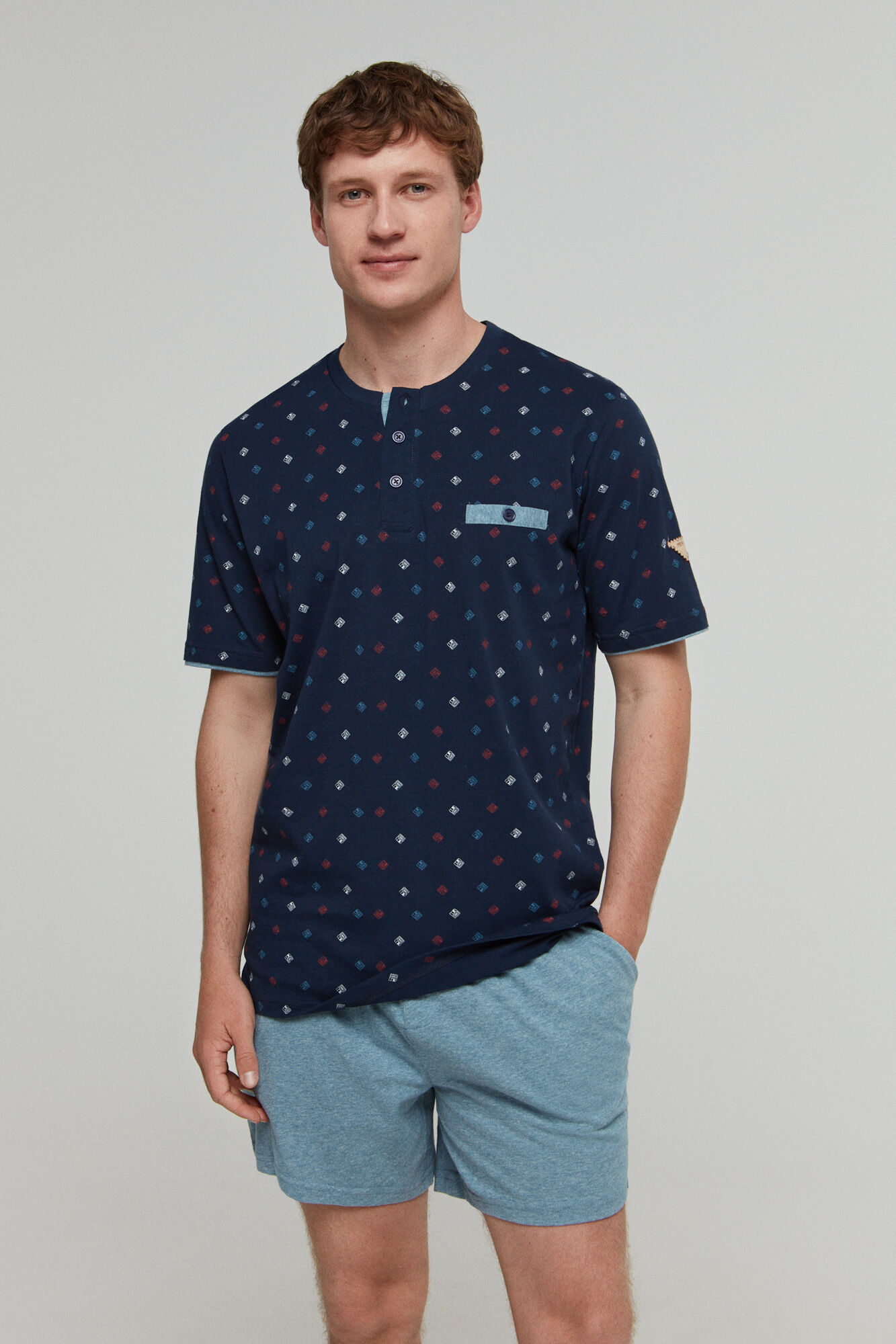 Pijama de malha estampada e flexível - Azul marinho