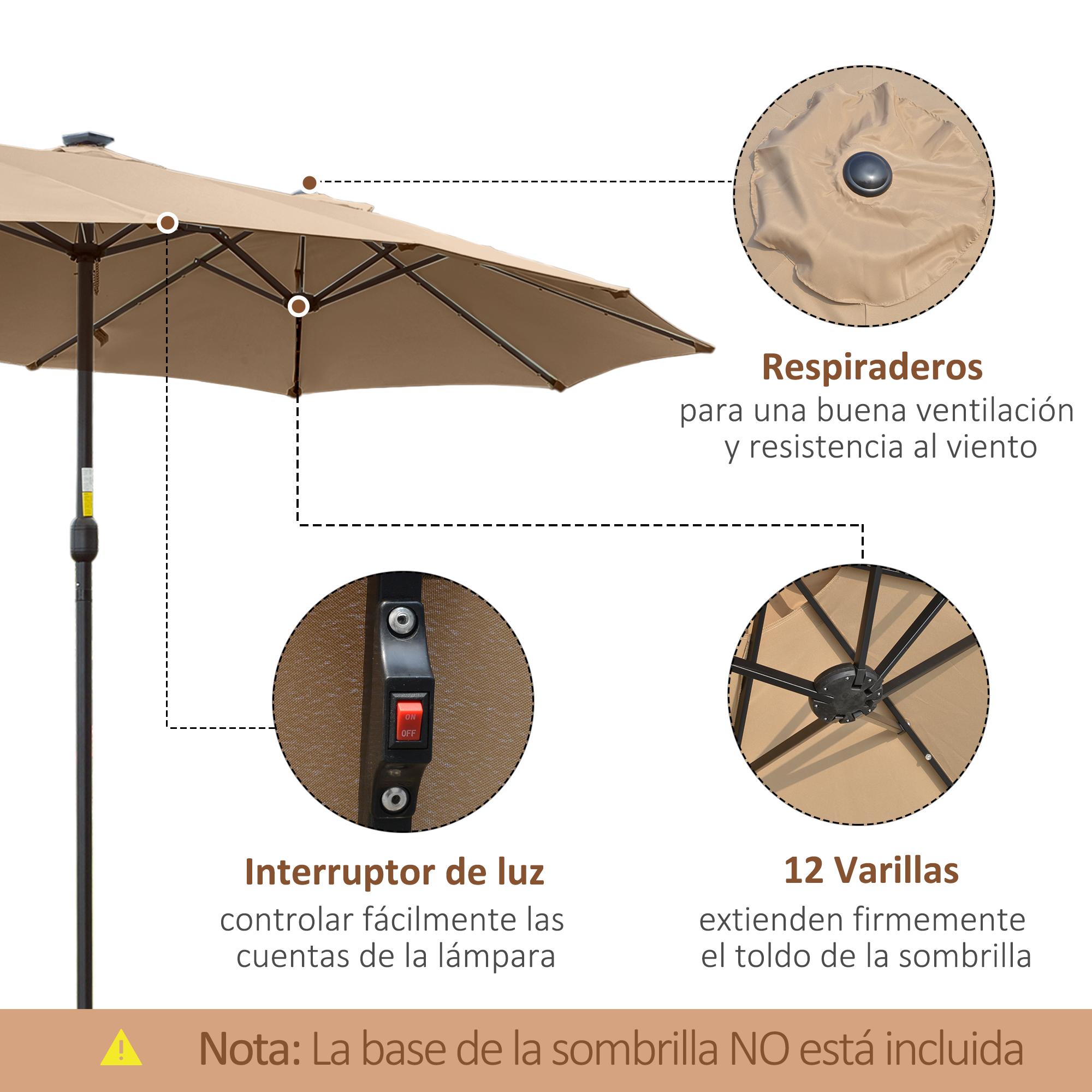 Guarda-sol duplo de jardim Outsunny com 48 luzes solares LED, 450x265x240 cm, com manivela, proteção solar para terraço, varanda e piscina, cor cáqui.