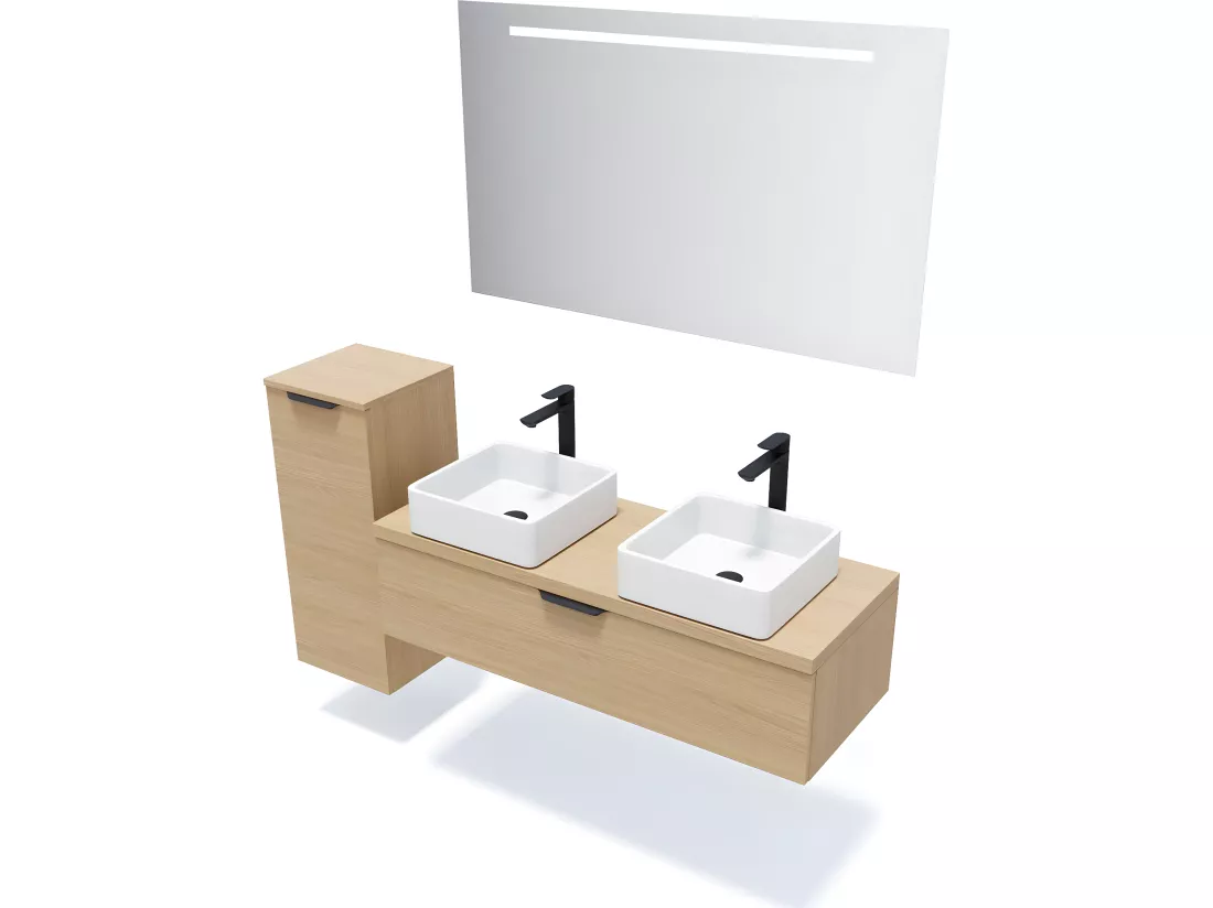 Meuble de salle de bain suspendu 2 vasques à poser 120cm 1 tiroir Chêne clair - Venice