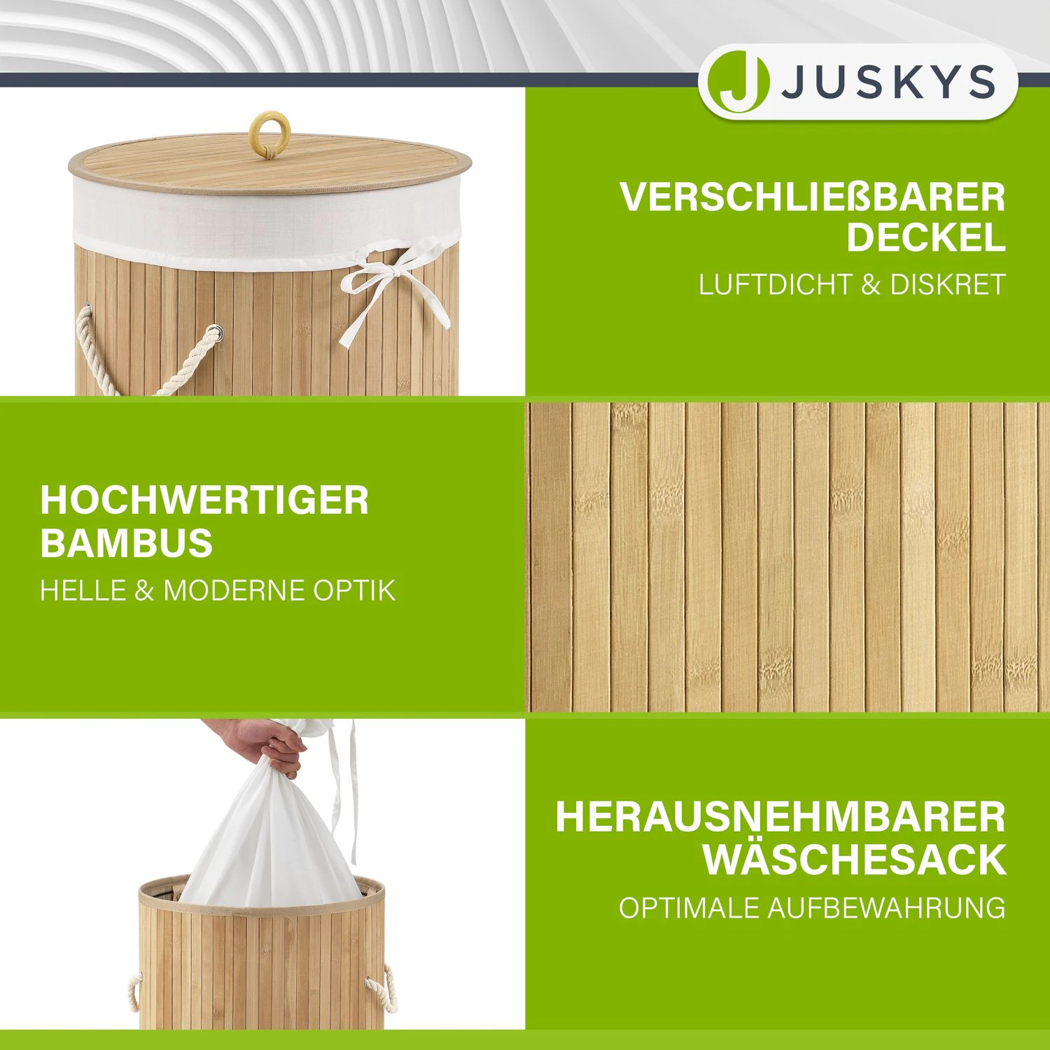 Juskys Bambus Wäschekorb Curly-Round 55 Liter Wäschesammler mit Deckel, Griff & Wäschesack – Natur