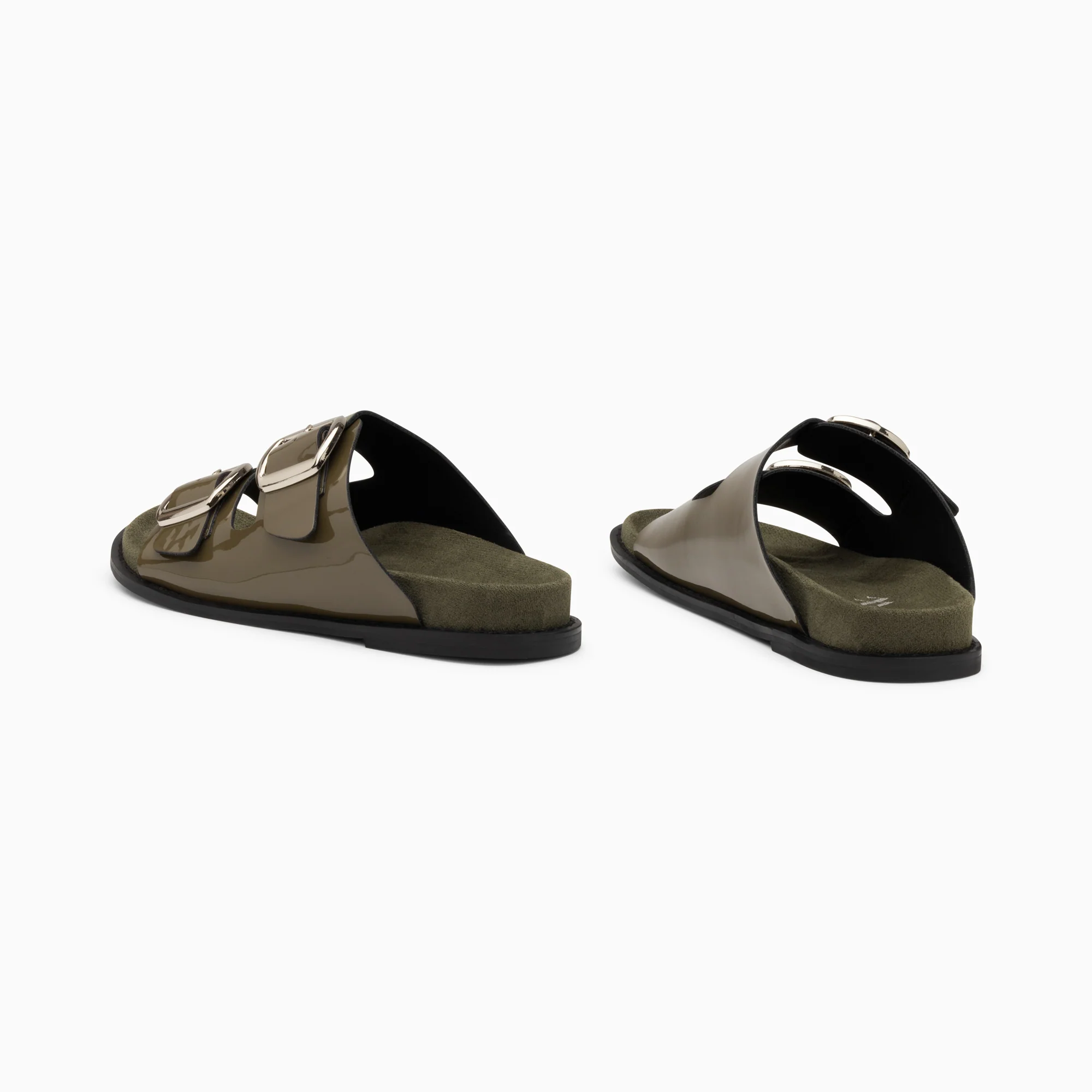 Sandales plates-Mules plates Célia kaki verni à boucles oversize