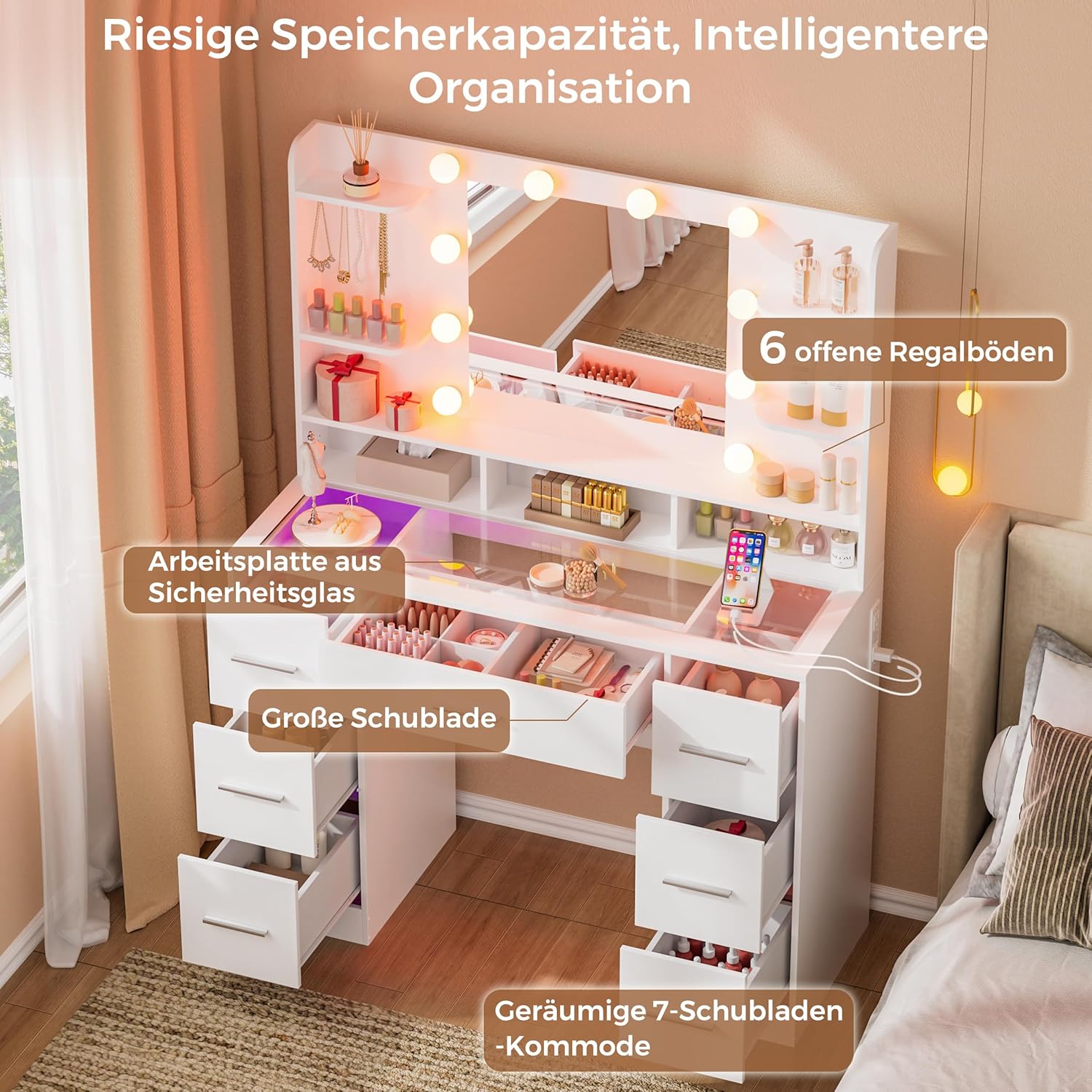 Schminktisch mit LED-Spiegel & Arbeitsplatz, 120x60x175 cm 6 Schubladen inkl. USB-Steckdose, Hollywood-Beleuchtung 3 Modi, 8 Ablagen, 14 Haken, 32 cm Kosmetikschrank, Ohne Hocker (Large 2)