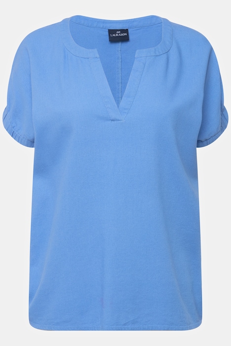 Leinenmix-Bluse, Tunika-Ausschnitt, elastischer Halbarm-Abschluss