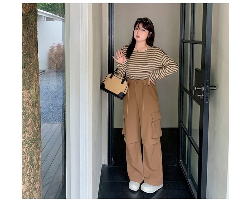Tripoly - Plus-size hoge taille effen wijde cargobroek