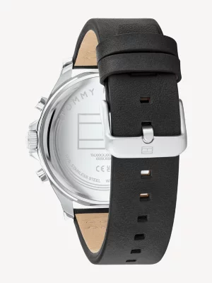 Relógio com pulseira de couro preta e mostrador cinza