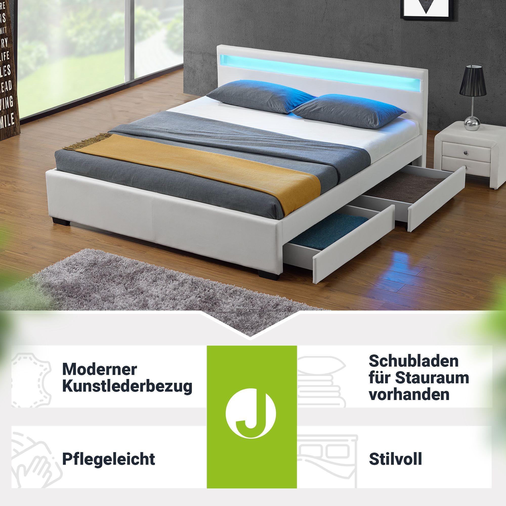 Juskys Polsterbett Lyon 140x200 cm mit Lattenrost, Bettkasten & LED Beleuchtung - weiß