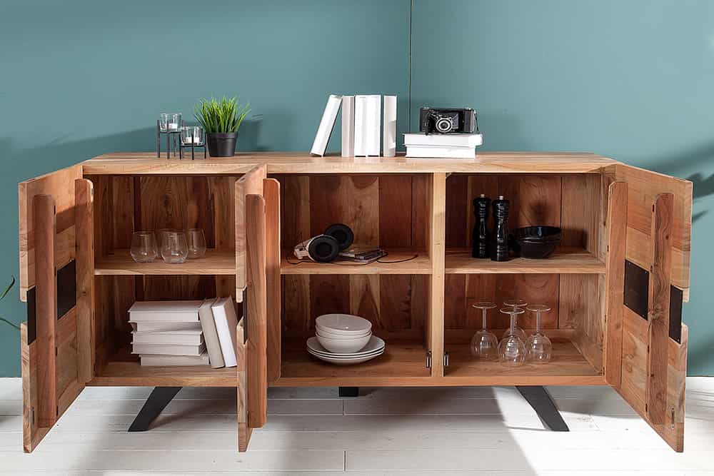 Massivholz Sideboard AMAZONAS 150cm Akazie natur Metall schwarz Baumkante