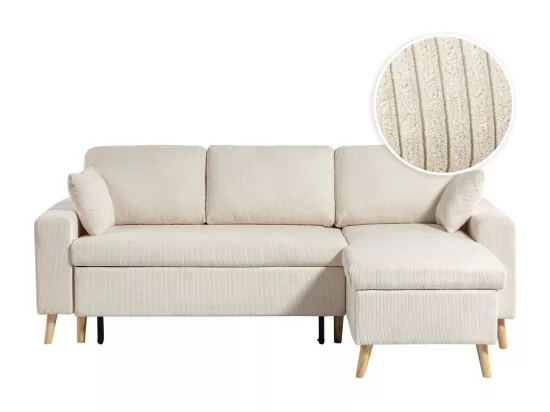 Canapé d'angle 3 places Maria scandinave réversible convertible avec coffre en velours côtelé - Beige - L227 x P148 x H95cm - Loungitude