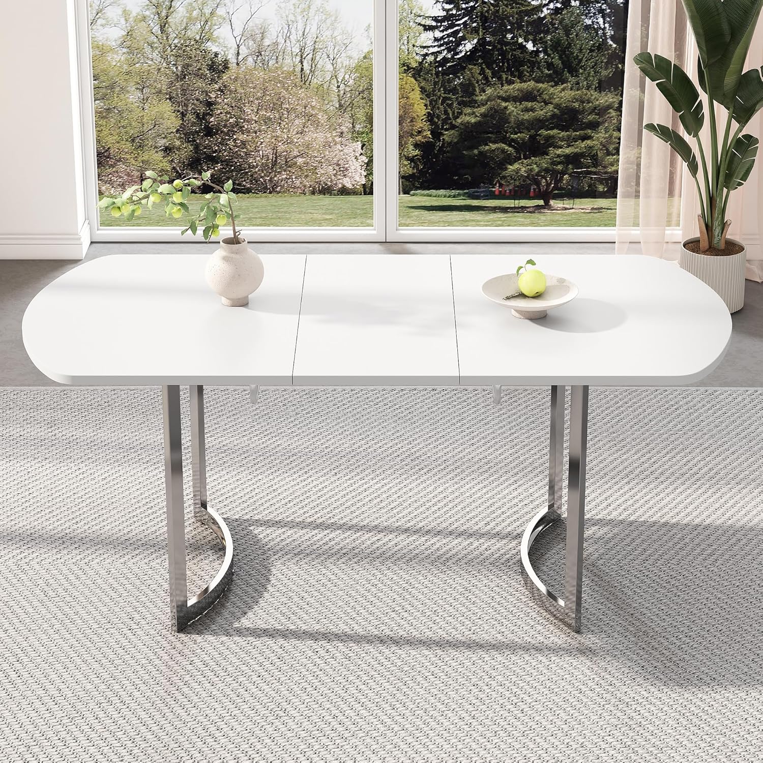 Bladez Ausziehbarer Esstisch 140-180 cm Oval | Luxus Versilberte Beinen | Weißer Küchentisch Modern Elegant | Für 6-8 Personen | MDF Tischplatte (Weiß+Versilberte)