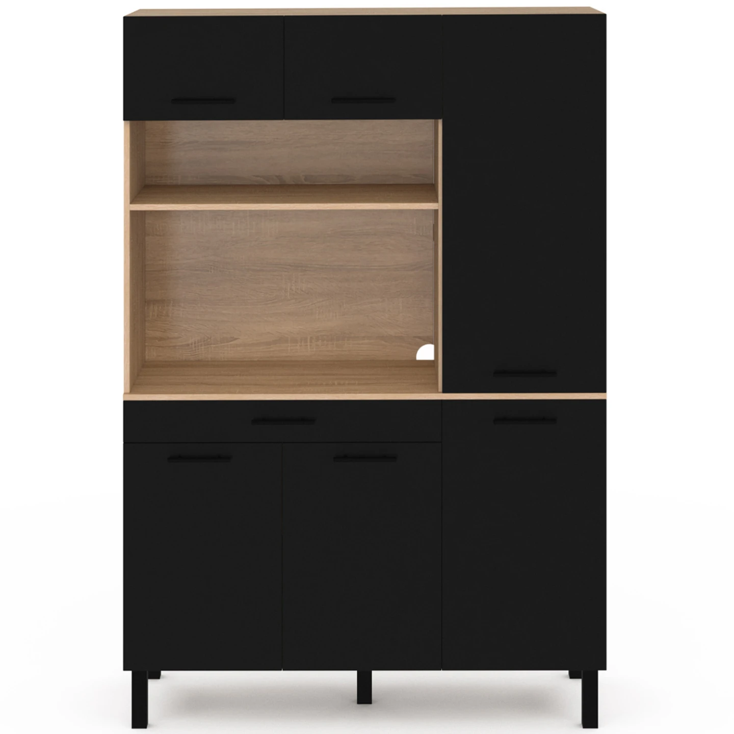 Buffet de cuisine avec colonne de rangement 120 CM CINA 6 portes + tiroir façon hêtre et noir