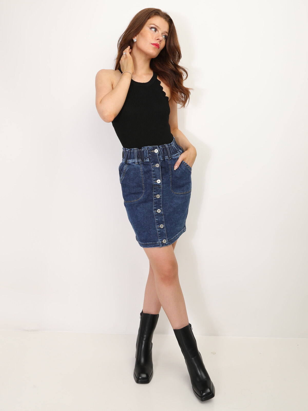 Jupe en jeans à boutons et poches- Bleu foncé