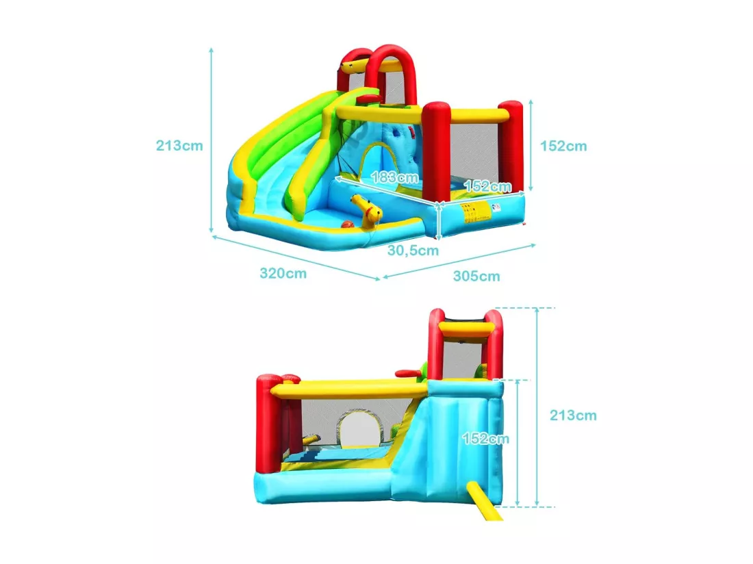 Château Gonflable Aquatique 6 en 1 avec Toboggan Incurvé, Maison de Rebond avec Mur d'escalade, Canon à Eau, Panier de Basketball, Charge 135kg pour 3 Enfants de 3-10 Ans(sans souffleur)