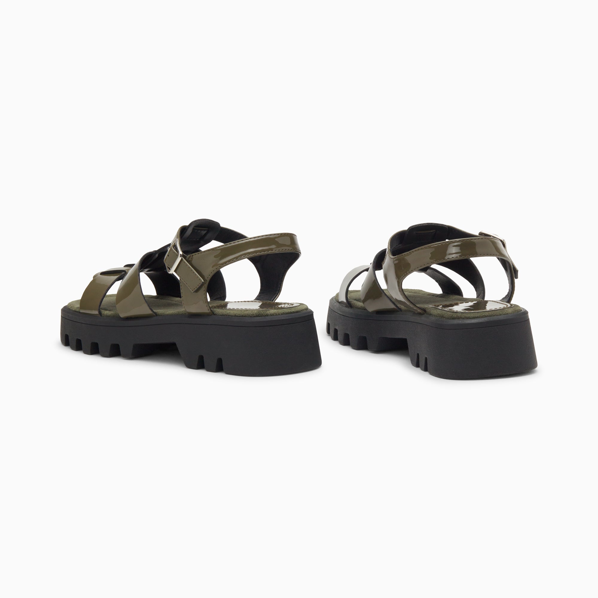 Sandales plates-Sandales Edmée kaki verni à plateforme crantée