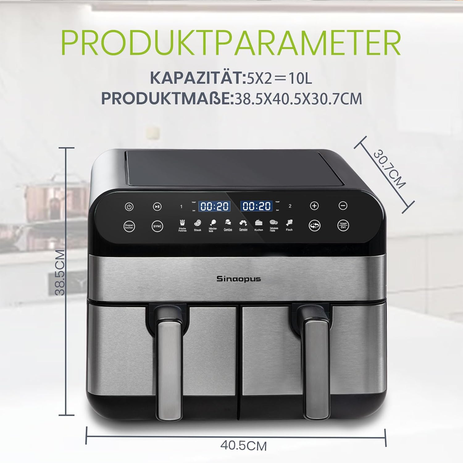 Heißluftfritteuse 2 Kammern,Dual Zone Heißluftfritteuse 10L – Doppelkammer XXL 2400 W, LED-Touchscreen, 8 Programme, Friteuse Heissluft ohne Öl, Airfryer mit 2 Körben(10L)