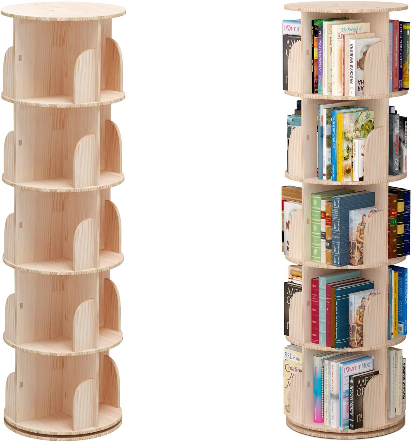 PTUWODS Drehbares Bücherregal, Standregal, 360 Grad, Lagerregal für Bibliothek, Schlafzimmer, Wohnzimmer, multifunktionales Bücherregal Massivholz (5 böden)