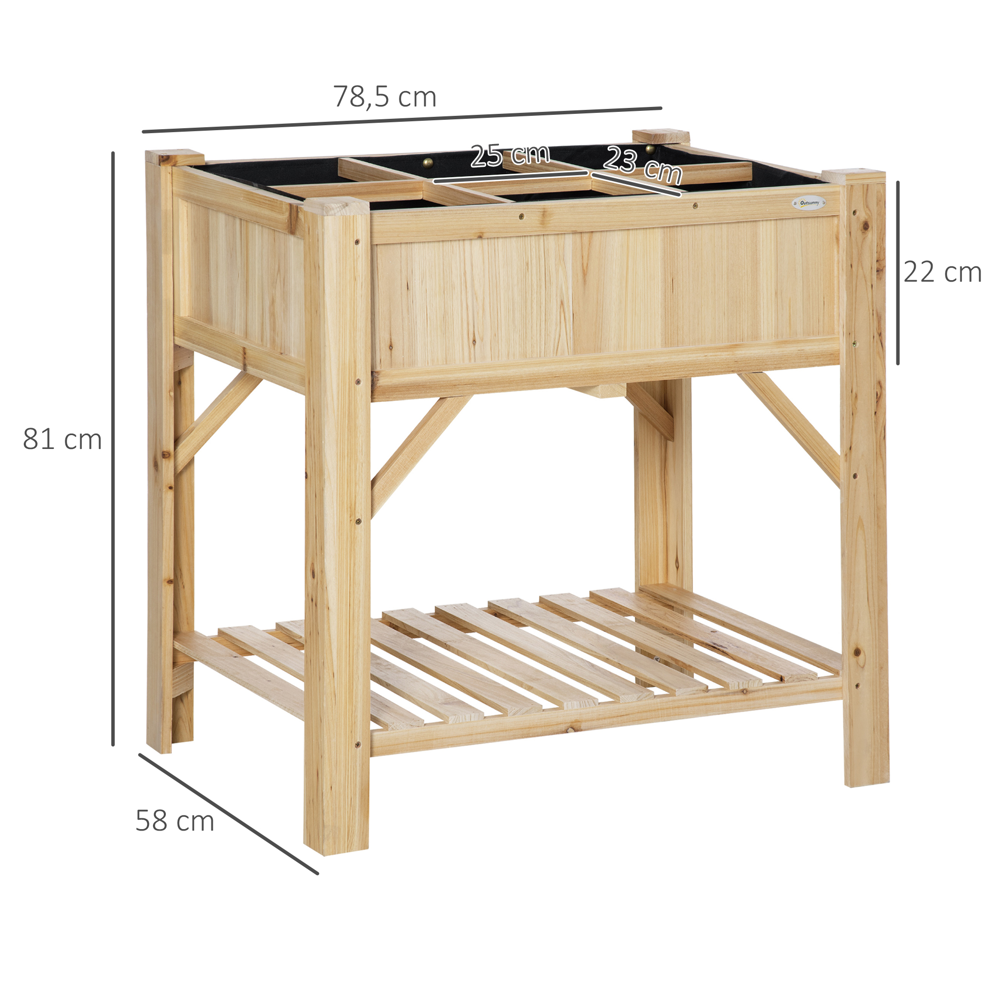Canteiro elevado de madeira Outsunny Urban Garden, 78,5 x 58 x 81 cm, com 6 compartimentos e prateleira inferior, ideal para plantas e flores em jardins, terraços e áreas externas. Cor natural.