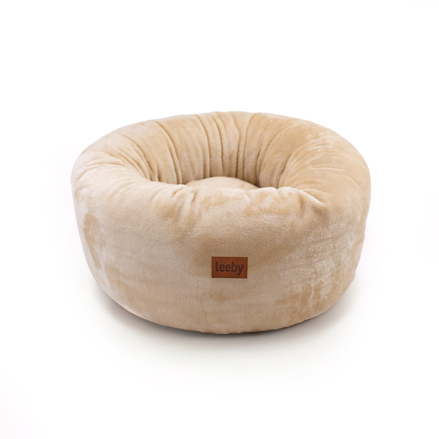 Cama Leeby Premium em formato de donut com capa removível de veludo branco para gatos.