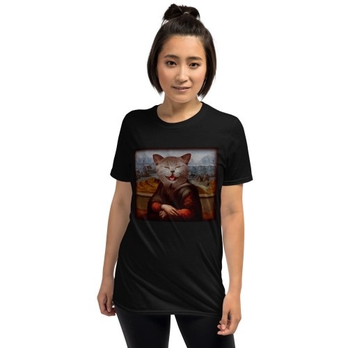 Camiseta feminina Mascochula, La Gioconda, personalizada com seu animal de estimação, preta.