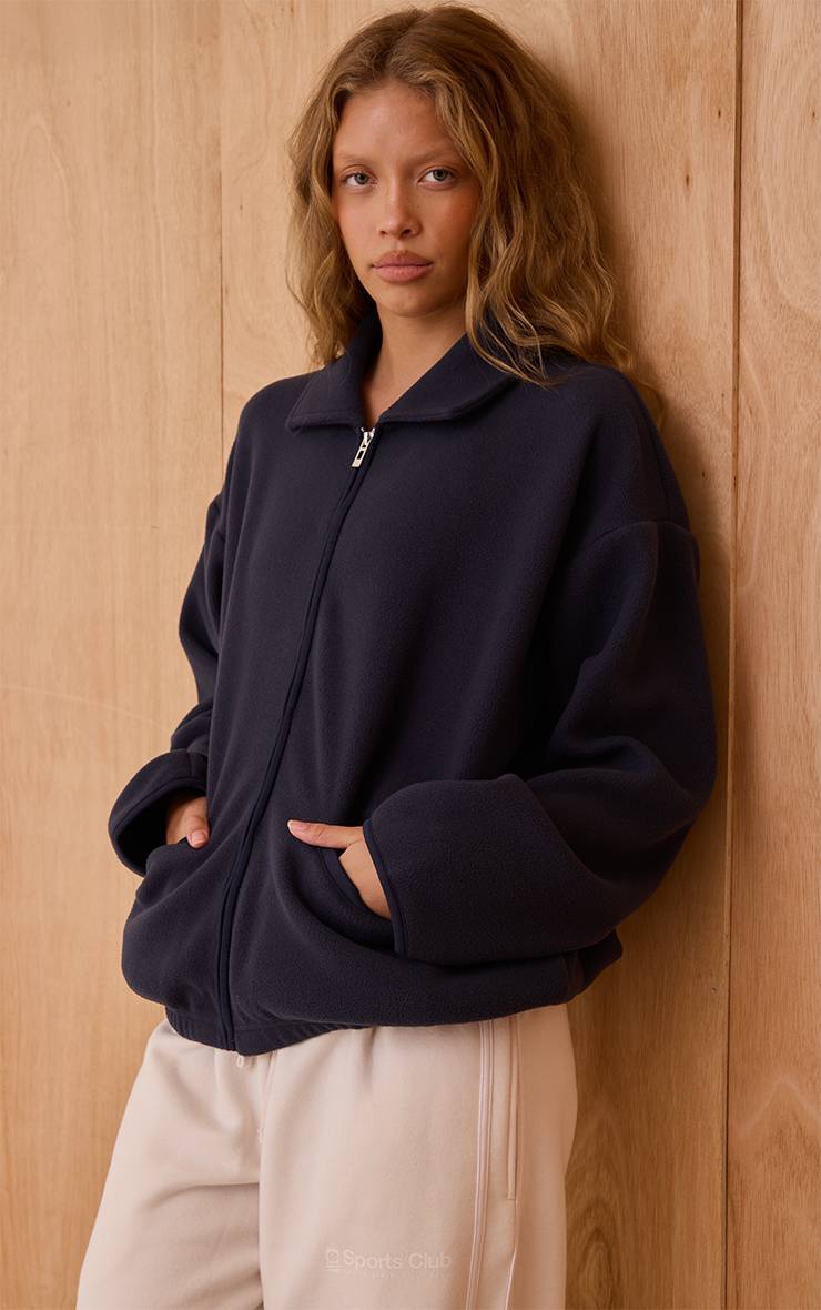 Bleu Marine Polaire Zippée À Biais Contrastant
