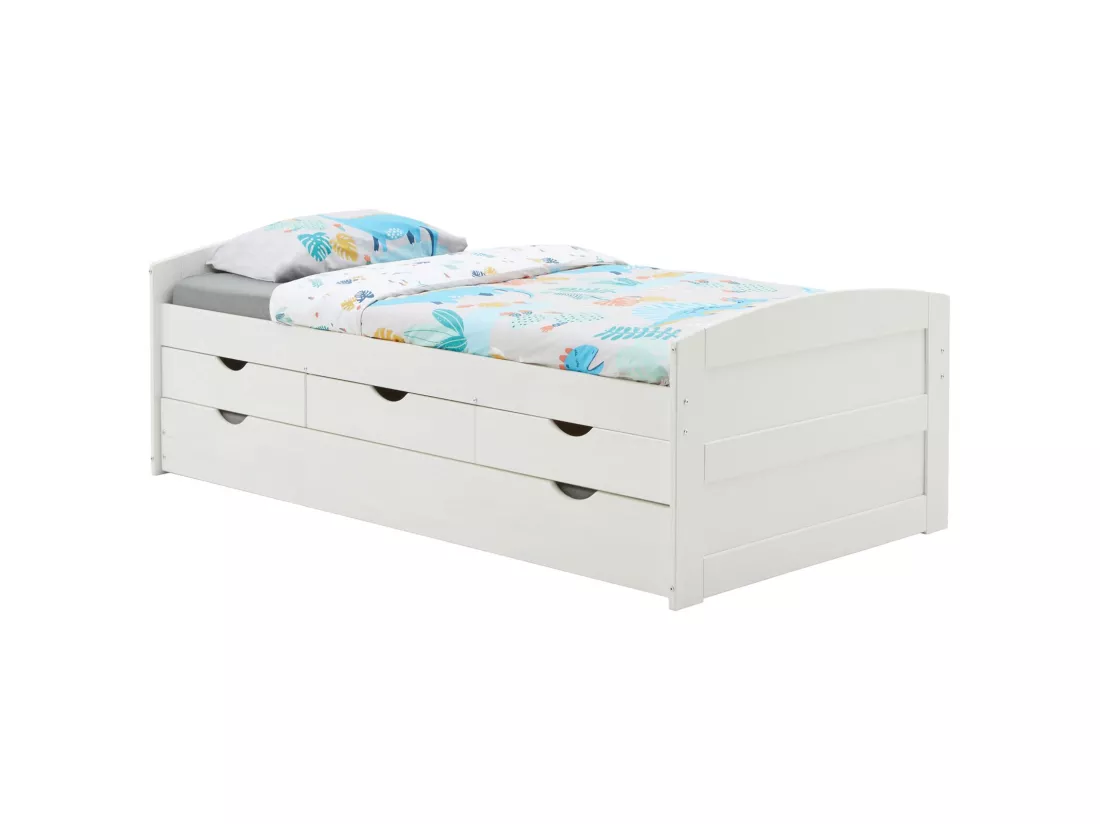 Lit gigogne JESSY lit enfant fonctionnel avec tiroir-lit et rangement 3 tiroirs, couchage 90x190 cm, en pin massif lasuré blanc