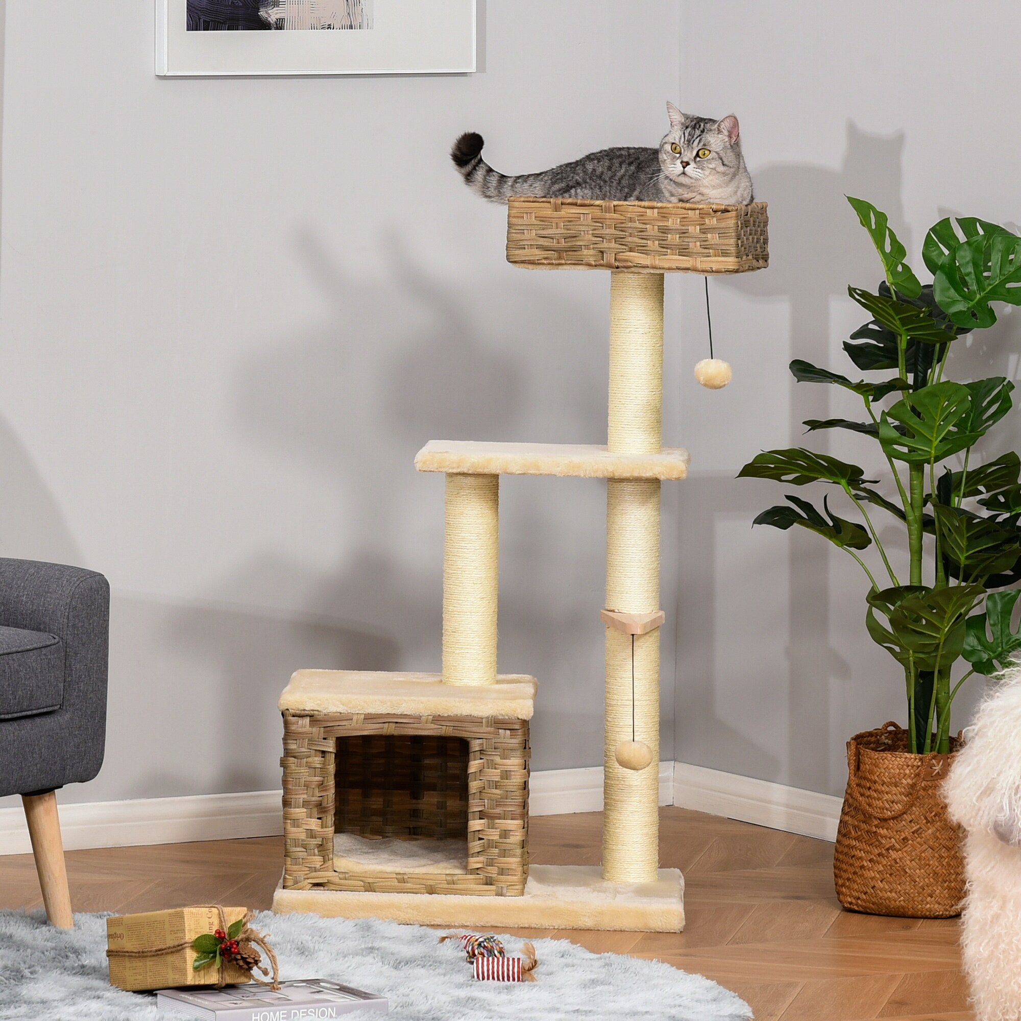 PawHut Kratzbaum mit Rattanhöhle braun, beige 60 x 40 x 109 cm (LxBxH)