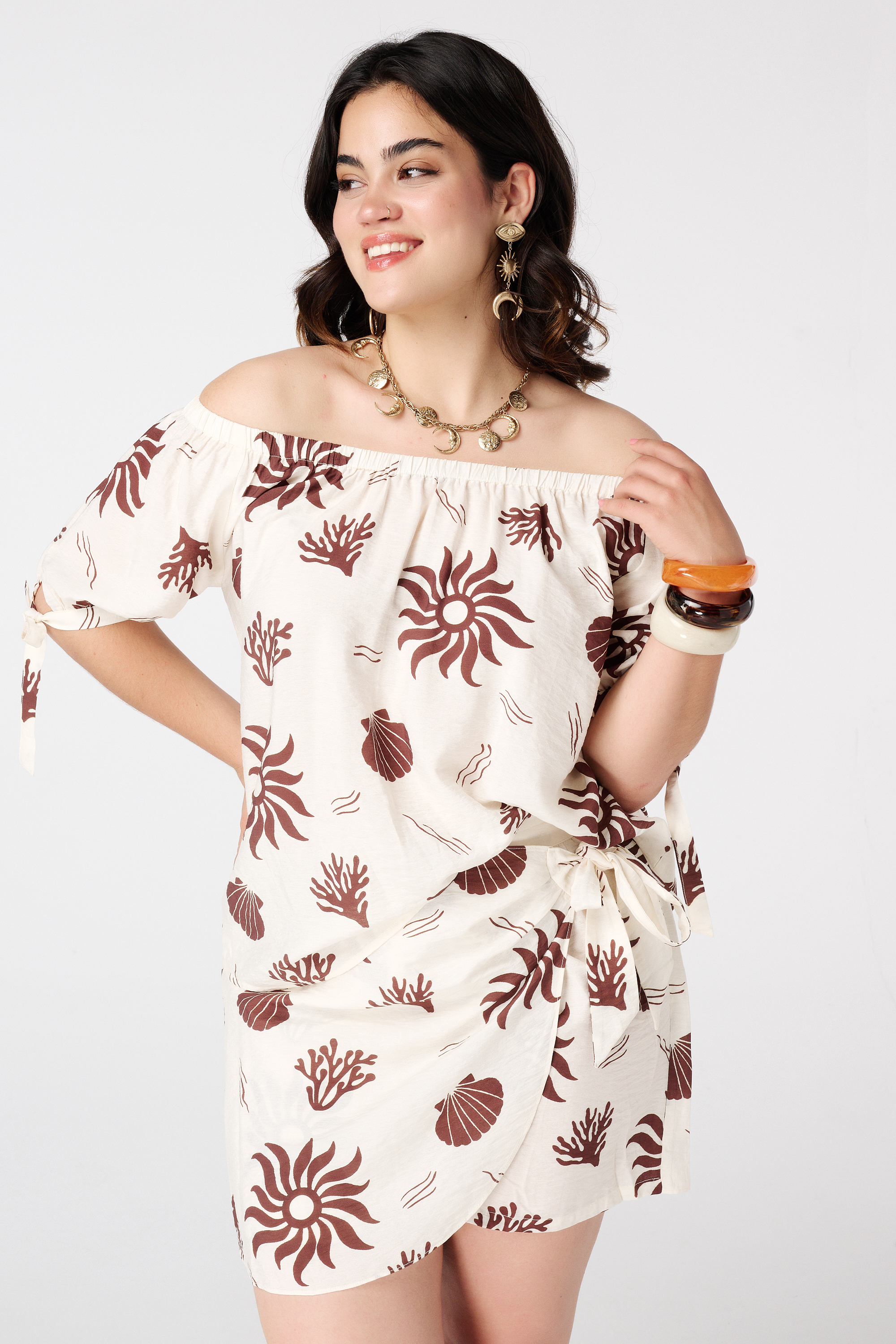 Off-shoulder blouse met print Multi Neutraal