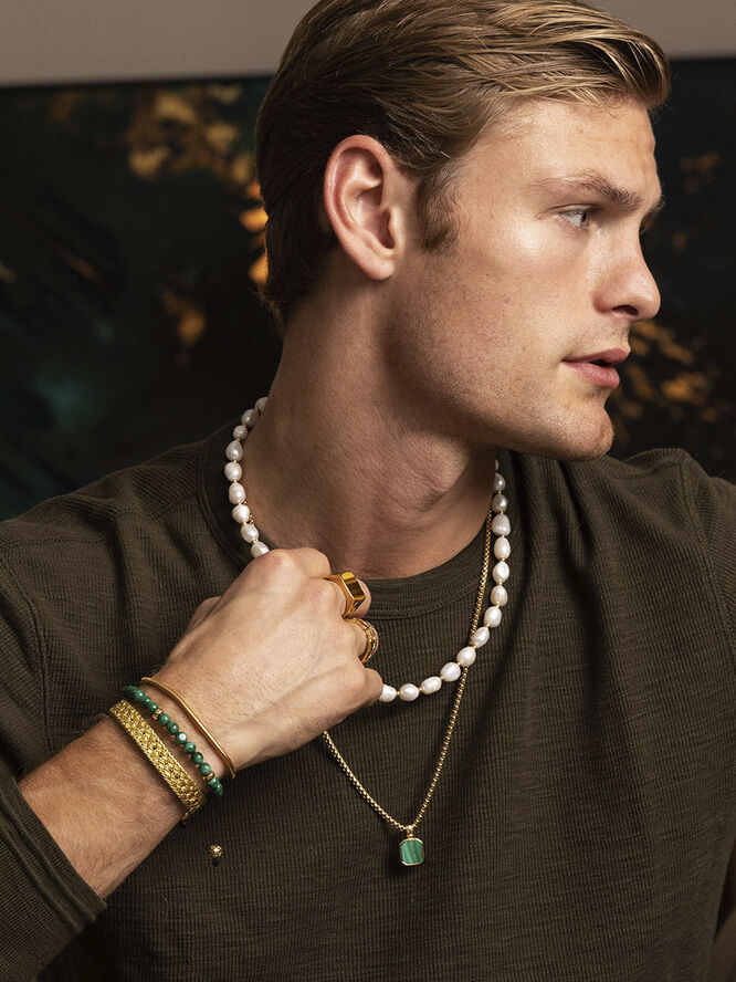 Nialaya Men's Beaded Bracelet with Malachite and Gold Plating Green