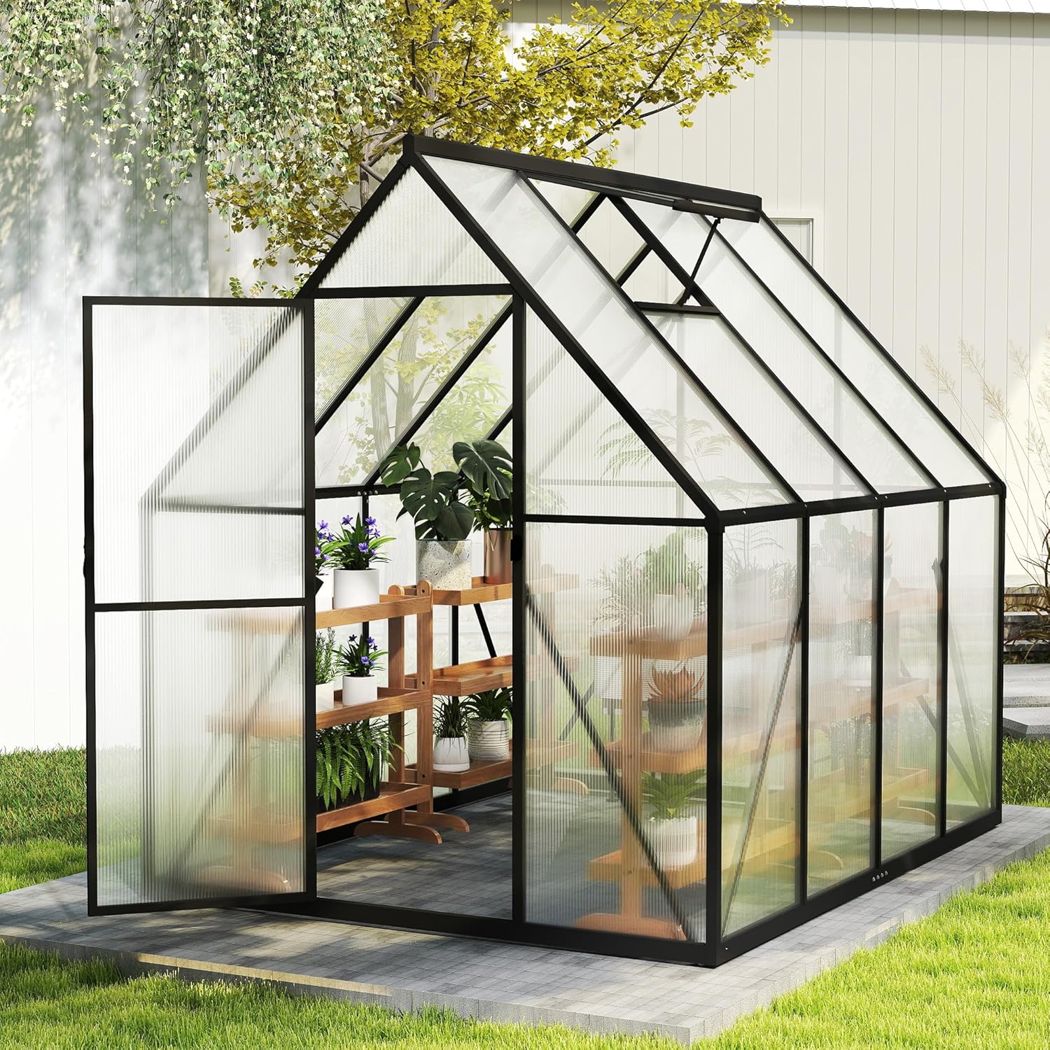 Gewächshaus Aluminium Treibhaus mit Transparent PC Platten Dachfenster & Tür & Fundament 230x180x195cm Winterfest Gartengewächshäuser Begehbares Pflanzenhaus für Garten Outdoor