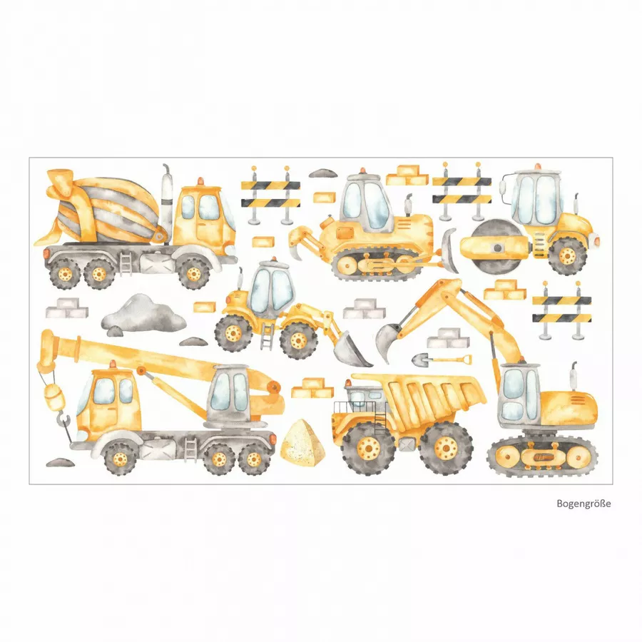 Nikima Wandtattoo 206 Baustelle Aquarell - Fahrzeuge Bagger Autokran in 6 vers. Größen braun