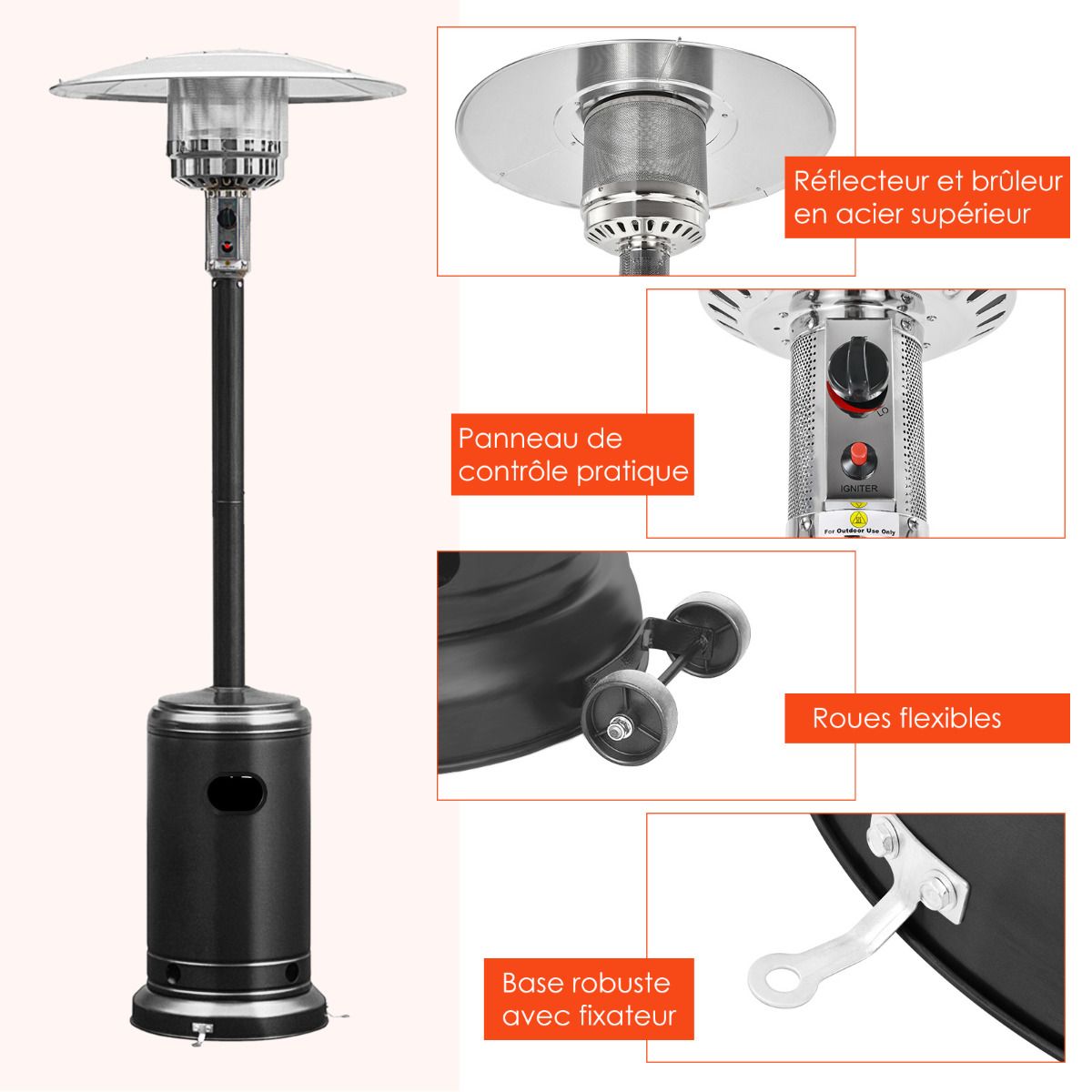 Parasol Chauffage Extérieur à Gaz 13KW Réflecteur 82cm avec Dispositif de Anti-basculement Tube 2 Roues Fluide 220cm Noir - Lidl-Manfred