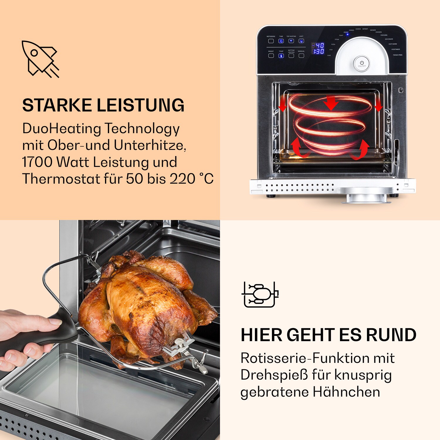 AeroVital Cube Chef Heißluftfritteuse1700 W 14 Liter 16 Programme Ober- und Unterhitze Silber