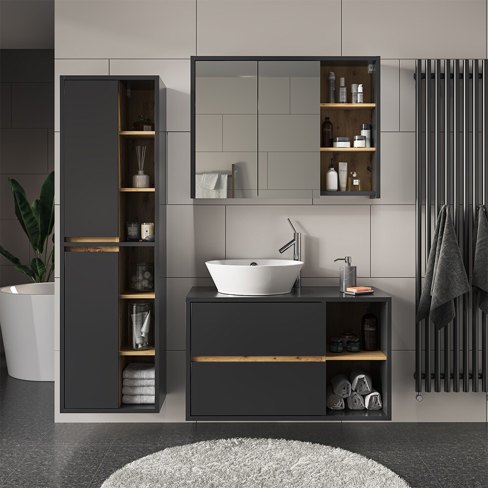Vicco Hochschrank Badschrank Badezimmermöbel Viola Anthrazit Eiche modern 50x170 cm Badkommode Badezimmer Schrank Badmöbel Schranktür Schrankfach